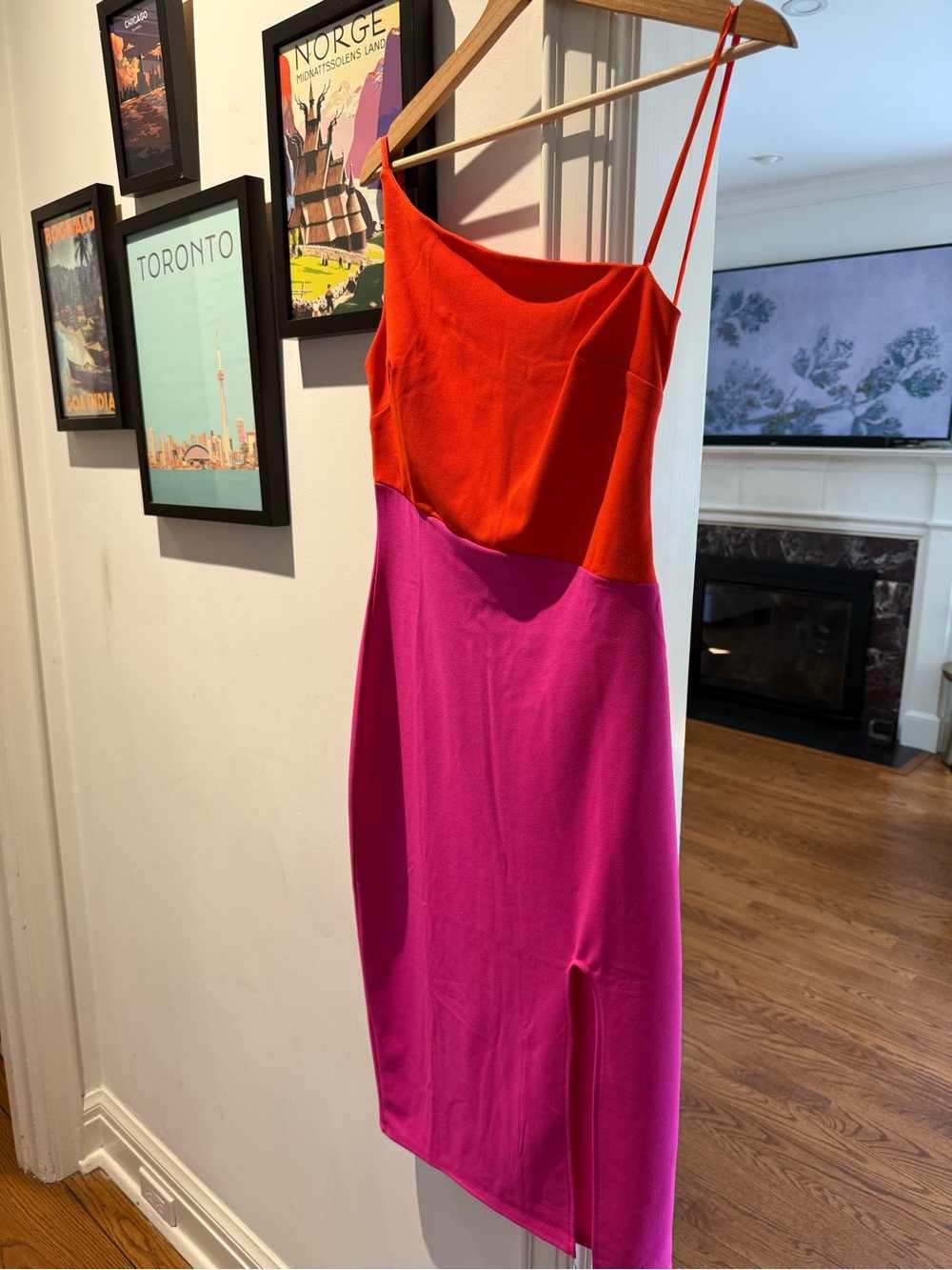 Colorblock One Shoulder Dress in Orange and Pink